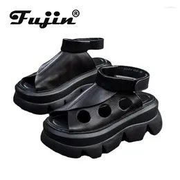 Sandals Fujin 6.5cm ROME Mary Jane British Hook Peep Toe Genuine Leather Summer Shoes Women Moccasins Platform Wedge Loafer