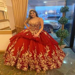 Dark Red Quinceanera Dresses 2021 Spaghetti Straps with Gold Lace Applique Tiered Tulle Skirt Custom Made Sweet 16 Prom Party Ball Gown 227L