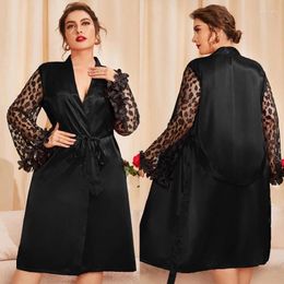 Home Clothing Plus Size 3XL 4XL 5XL Robe Lace Patchwork Sleeves Sleepwear Sexy Up Bathrobe Kimono Gown Long Sleeved Satin Nightgown