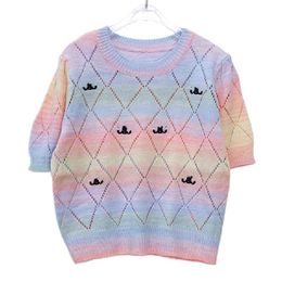 Women short sleeve gradient rainbow Colour logo embroidery summer designer knits tees