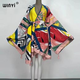 Ethnic Clothing WINYI 2024 Africa Summer Women Cardigan Stitch Robe Cocktail Sexcy Boho Maxi African Holiday Batwing Sleeve Silk