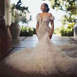 2024 African Sexy Mermaid Wedding Dresses Bridal Gowns Off Shoulder Tulle Crystal Beads Pearls Ruffles Tiered Short Sleeves Chapel Train 0513