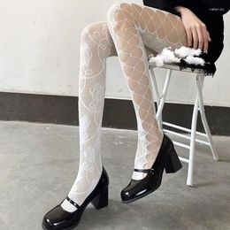 Women Socks Sexy Fishnets Stockings Rose Patterned Side Hollow Out Pantyhose Fashion Colorful Lolita Sheer Mesh Lingerie