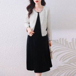 Work Dresses Small Fragrance Casual Lady Dress Suits 2024 Cardigan Coats And Slim Sleeveless Midi Autumn Elegant Women 2 Piece Set