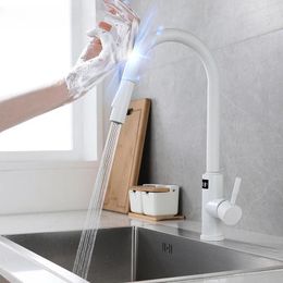 Kitchen Faucets White Digital Touch Faucet Cold Pull Out Sink Mixer Tap Stainless Steel Sensor