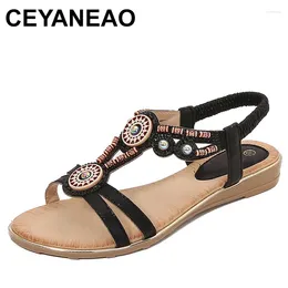 Sandals Summer Women 2cm Wedges Low Heels Bohemian Female Vacation Comfortable String Bead Large Size Pearl Shoes