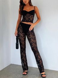 Women Sexy 2 Piece Lace Pants Sets Sleeveless Slim Fit Crop Tops High Waist Outfits See Through