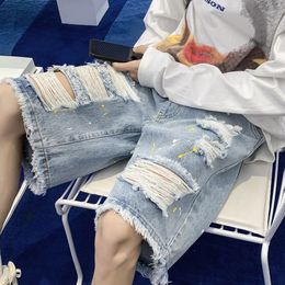 Summer Mens Ripped Denim Shorts Hole Raw Edge Tassel Knee Length Jeans Straight Leg Baggy Beggar Pants Male Loose Short Jeans 240513