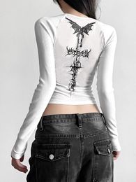 Y2K T Shirts Vintage Women O-neck Tee Long Sleeve Grunge Print Casual Crop Tops Female Graphic Korean Fashion Crop Tops EMO 240513