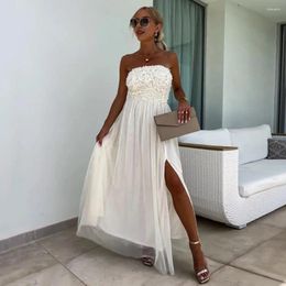 Casual Dresses Women Tube Top Maxi Dress Floral Pleated Elegant Lace Prom Ball Gown With Off Shoulder Bandeau Flower Women's