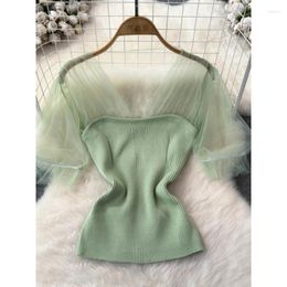 Women's T Shirts Spring Summer Tops Korean Style Casual Solid Color Tulle Knitting Patchwork V-Neck Short Slim Chic Tees Office Lady Wear
