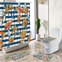 Shower Curtains Navigation Anchor Curtain Striped Starfish Conch Creative Non-Slip Pedestal Rug Toilet Cover Boy Child Bathroom Deco Set