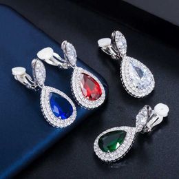 Stud Three layer new fashionable blue cubic zirconia brides wedding party without perforated earrings clip for womens jewelry EJ0041 J240513