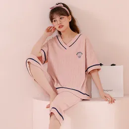 Women's Sleepwear Summer Cotton Nightwear Short Sleeves Sleep Tops Calf Length Pant Set For Women Plus Size 2XL Sweet Pyjamas Mujer