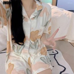 Home Clothing Womens Summer Short Sleeved Furnishing Set Vacation Countryside Style Outwear Printed Pajamas Leisure Versatile Basic Daily