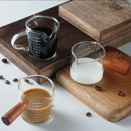 Wine Glasses 50/75/100ML Espresso Glass Cup Wooden Handle Measuring Milk Latte Jug Coffee Supplies Kitchen Mug Drinkware Double Bottom