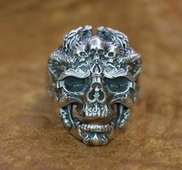 LINSION 925 Sterling Silver High Details Dragon Skulls Ring Mens Biker Ring TA132 US Size 7 to 154490242