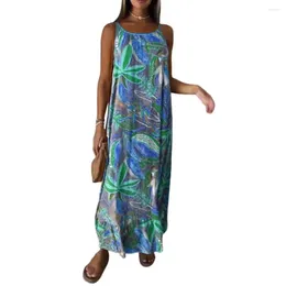 Casual Dresses Women Summer Dress Bohemian Long Style Leaf Print Maxi For Vacation Beach Sleeveless Backless O Neck