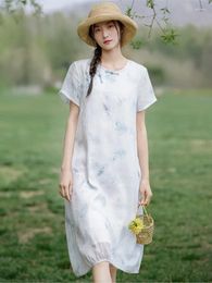 Party Dresses Women Chinese Style Retro Cotton And Linen Print Dress 2024 Summer Button Short Sleeve Slim-type