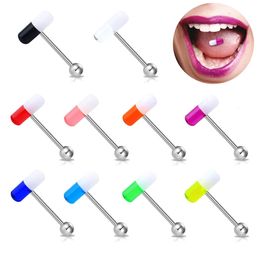 1pc Acrylic Funny Capsule Tongue Rings Pill Piercing Jewellery 316L Stainless Steel Bars Ring Barbell for Unisex 14G 240429