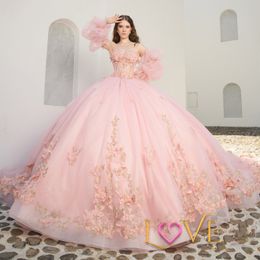 Pink Off The Shoulder Ball Gown Quinceanera Dresses Bow Beads Crystal Tull Puff Sleeve Formal Corset Sweet 16 Vestido De 15 Anos
