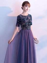 Party Dresses Round Neck Short-sleeved Mid-waist Light Luxury Niche Banquet Elegant Purple Sequin Evening Dress For Women Maxi Vestidos
