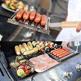 Tools Dog Grill Rack Food-grade Stainless Steel Sausage Roller With Wooden Handle Bbq Accessories For Dogs