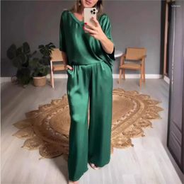 Women's Two Piece Pants Fashion Solid Color Mercerized V Neck Casual Set For Spring Autumn Simple Elegant Female Office 2