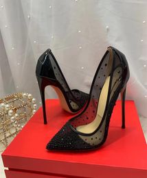 Casual Designer Sexy Lady Fashion Women Shoes Black Mesh Glitter Strass Crystal Pointy Toe Stiletto Heels Zapatos Mujer Prom Eveni7051102