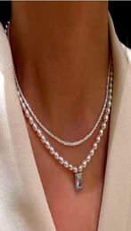 Silver plated snow chain drop square freshwater pearl necklace8022605