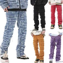 Design Mens Patch Jeans Streetwear Fashion Man Straight Ripped Stacked Jeans for Men clothing 240511