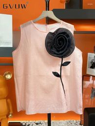Women's Blouses GVUW Fashion 3D Flowers Women Shirt Sleeveless Round Collar Versatile Summer Casual 2024 Female Slim Clothing 17G6259