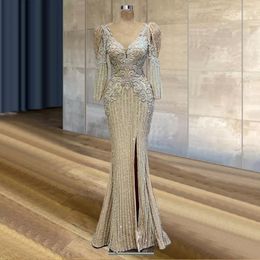 Glitter Mermaid Side Split Evening Dresses V Neck Long Sleeve Lace Appliqued Beaded Special Occasion Prom Gowns 2022 Plus Size 313K