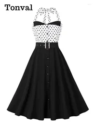 Casual Dresses Tonval Two Tone Polka Dot Print High Waist 40s 50s Retro For Women Halter Neck Buttons Belted Vintage Swing Dress