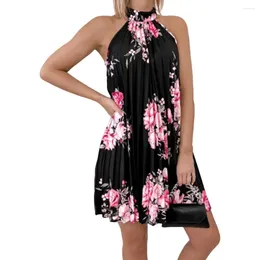 Casual Dresses Women Sleeveless Summer Boho Printed Beach Dress Stand Collar Loose Flower Print Pleated Shoulder-less Female Clothes 2024