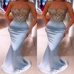 2022 Light Blue Plus Size Arabic Aso Ebi Mermaid Lace Sexy Prom Dresses Sweetheart Satin Elegant Evening Formal Party Second Reception 2872