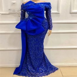 ASO EBI LACE African Royal Blue Abend Kleider funkelnd Perlen Bow Meerjungfrau Nigeria Arabisch Langarm Prom Kleid Roben 261z