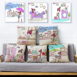 Pillow Cute Cartoon Girl Life Print Pliiow Cover 45 45cm Square Throw Pillows Cases Linen Sofa Home Decor Covers