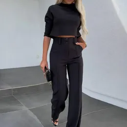 Women's Two Piece Pants Comfortable Women Clothing Wide-leg Stylish 2-piece Suit Solid Colour Wide Leg Crop Top Set For Chic