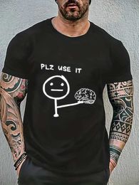 Men's T-Shirts PLZ USE IT Brain Cartoon Print Men Fun Short Slve Round Neck T-shirt Casual Regular Fit Graphic T Top for Summer Woman T240510