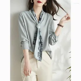 Women's Polos 2024 French Style High-end Ribbon Shirt Fashion Office Lady Clothing V-Neck Blue Green Loose-fitting Long Sleeve