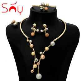 Sunny Jewellery Costume Set Lucky Ball Three Tone Earrings Necklace Bracelet Ring For Women Bridal Wedding Anniversary Gift Party 240425