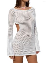 Women Crochet Cover Up Long Sleeve Mini Dress Bodycon Backless Sexy Summer Beach Solid Colour Hollow