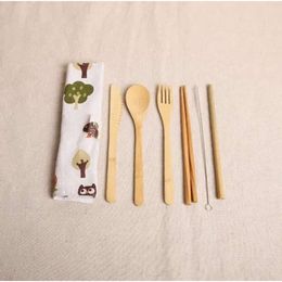 Bamboo Teaspoon Sets Wooden Fork Dinnerware Soup Knife Catering Cutlery Set With Cloth Bag Kitchen Cooking Tools Utensil