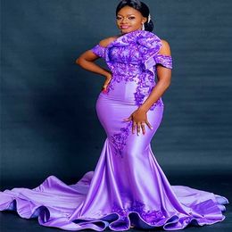 2021 Plus Size Arabic Aso Ebi Lilac Sexy Mermaid Prom Dresses Lace Satin Stylish Evening Formal Party Second Reception Gowns Dress ZJ21 192g