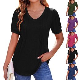 Women's T Shirts Puff Short Sleeve Boho Shirt Casual V Neck Solid Colour Summer Pleated Tunic Top Oversized T-shirt 2024