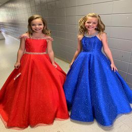 Little Miss Pageant Dress for Teens Juniors Toddlers 2021 Rhinestones Sequins Royal Organza Long Kids Gown Formal Party Beading Halter 234F