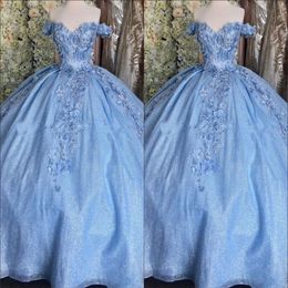 2023 Bling Tulle Bahama Blue Quinceanera Dresses Ball Gown Off The Shoulder 3D Flowers Crystal Corset Back Lace-up Prom Graduation Form 150l