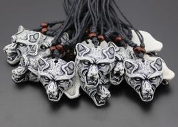 COOL 12PCS Boy Men039s Imitation Yak Bone Carving White Wolf Head Pendants Amulets Necklaces Gift MN3045663265