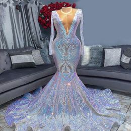 Silver Sexy V-Neck Mermaid Prom Dresses 2022 Long Sleeves African Formal Evening Gowns Graduation Party Dresses 274K
